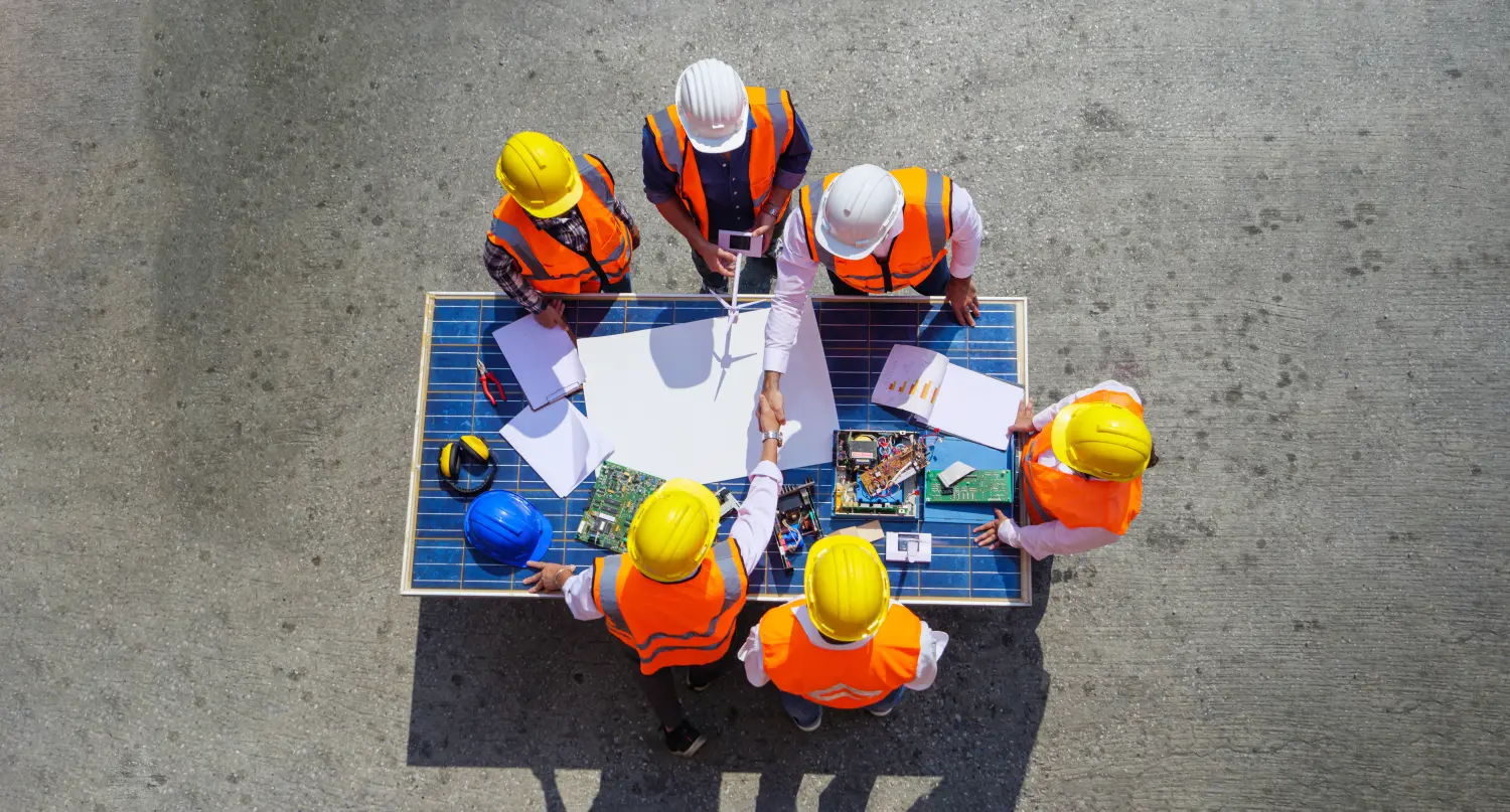 Team von Architekten und Bauherren, die sich Baupläne ansehen